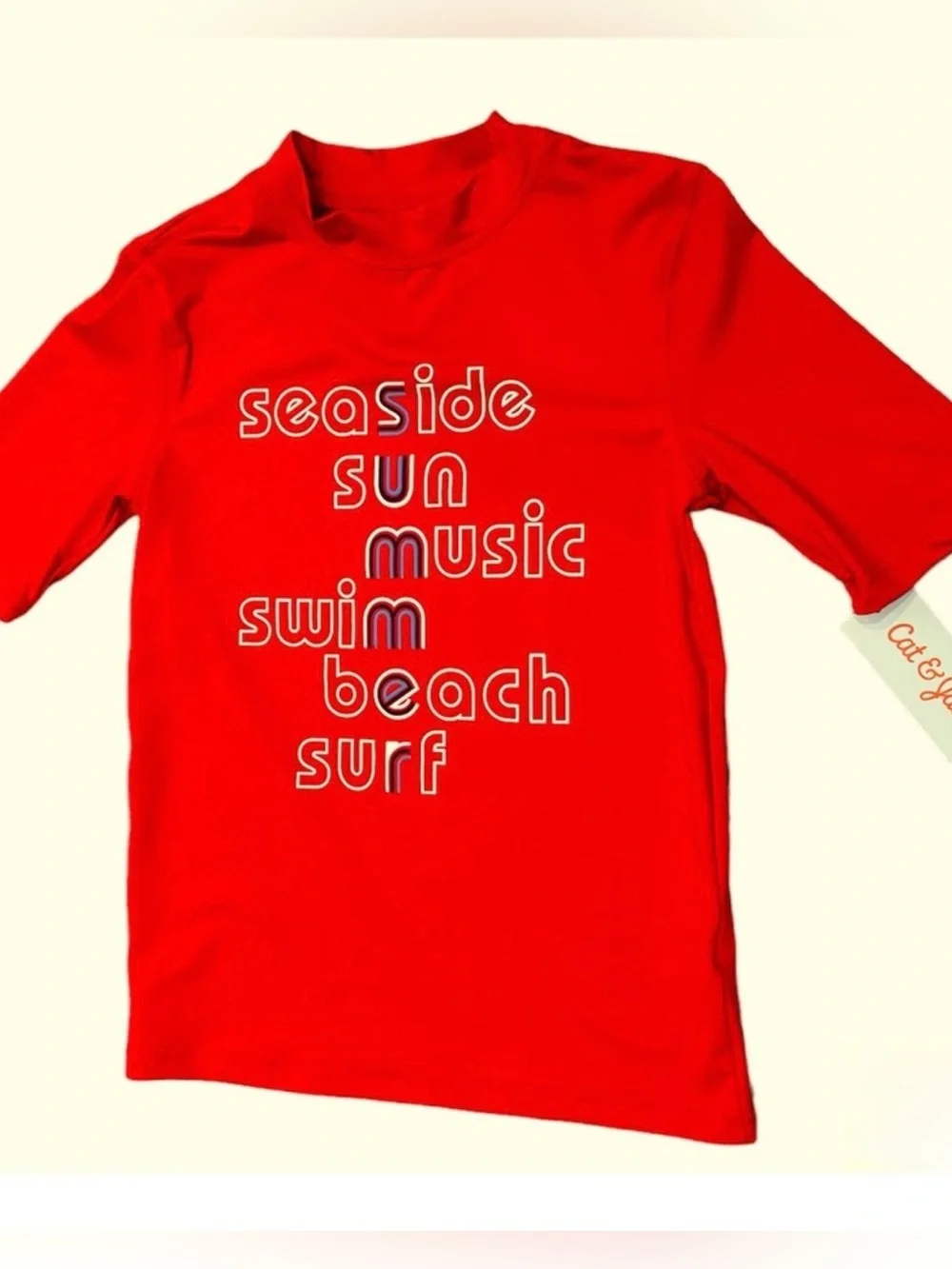 Cat & Jack Red Short-Sleeve Swim Top Rashguard with Seaside Graphic NWT